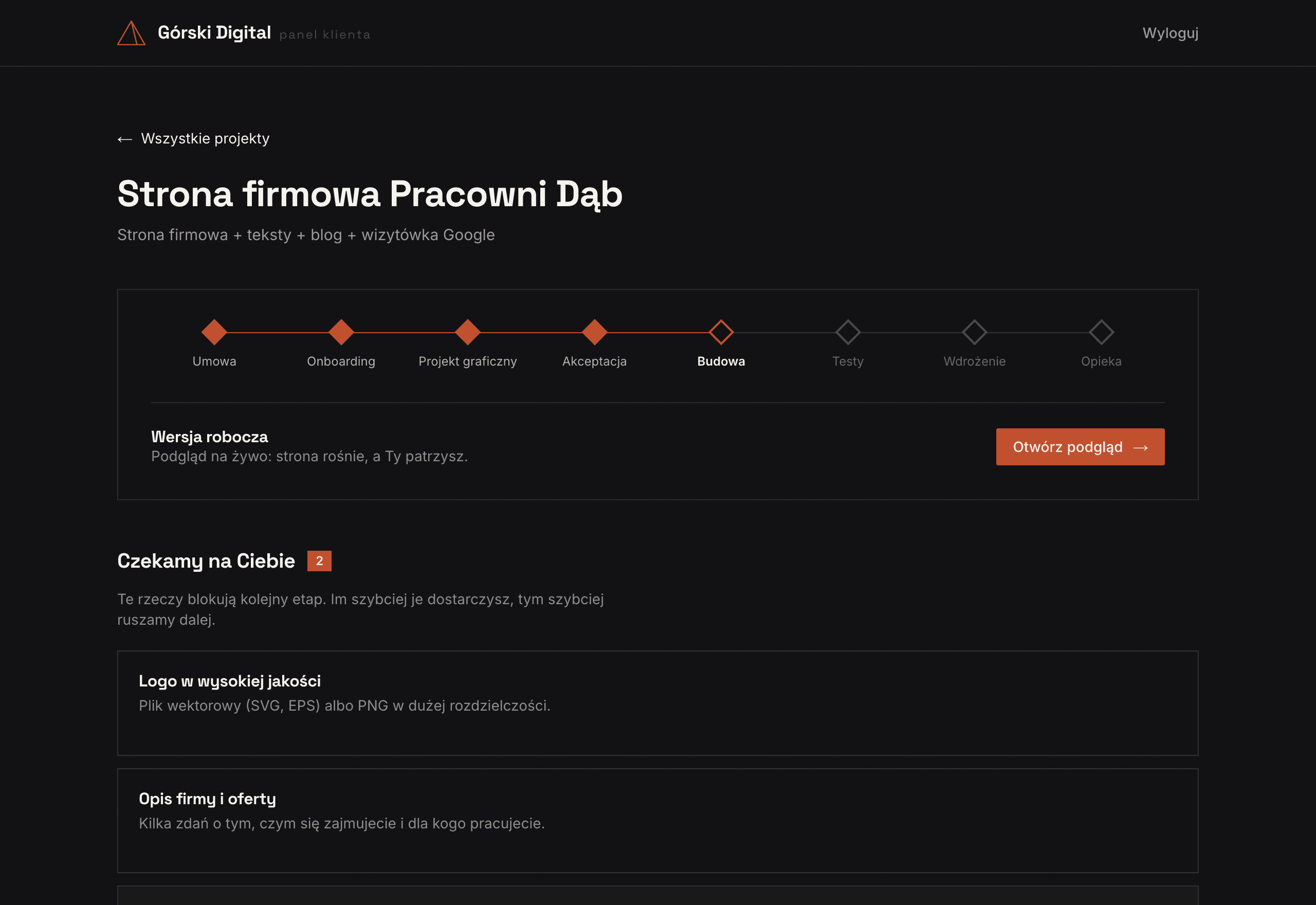 Panel klienta: status projektu, checklista etapów, pliki i wersja robocza strony