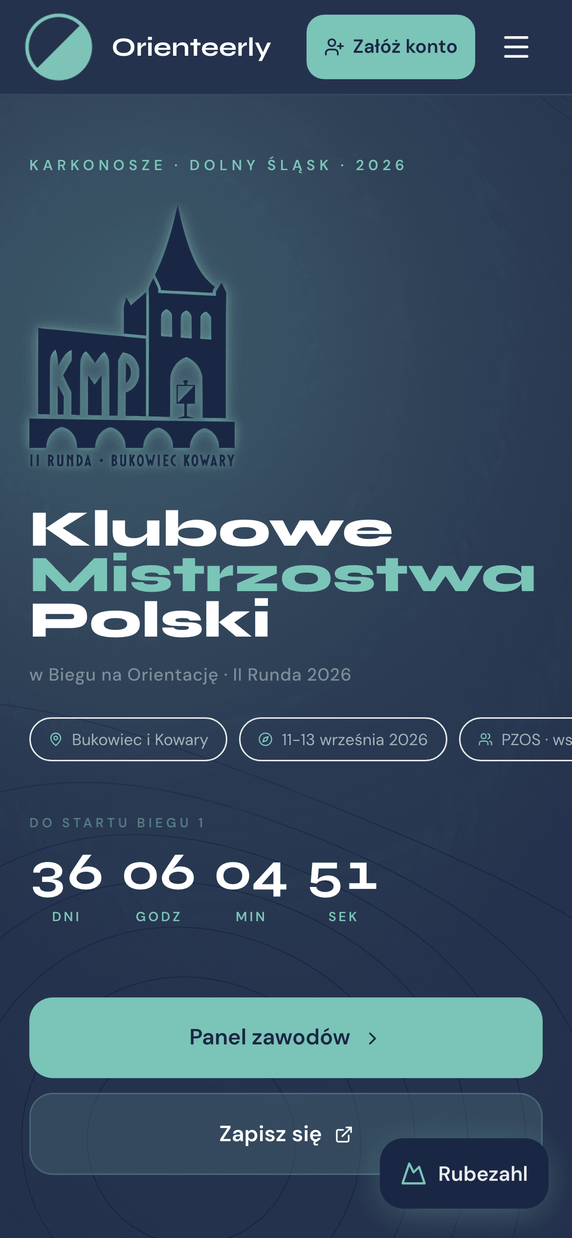 Orienteerly na telefonie: strona główna w widoku mobilnym