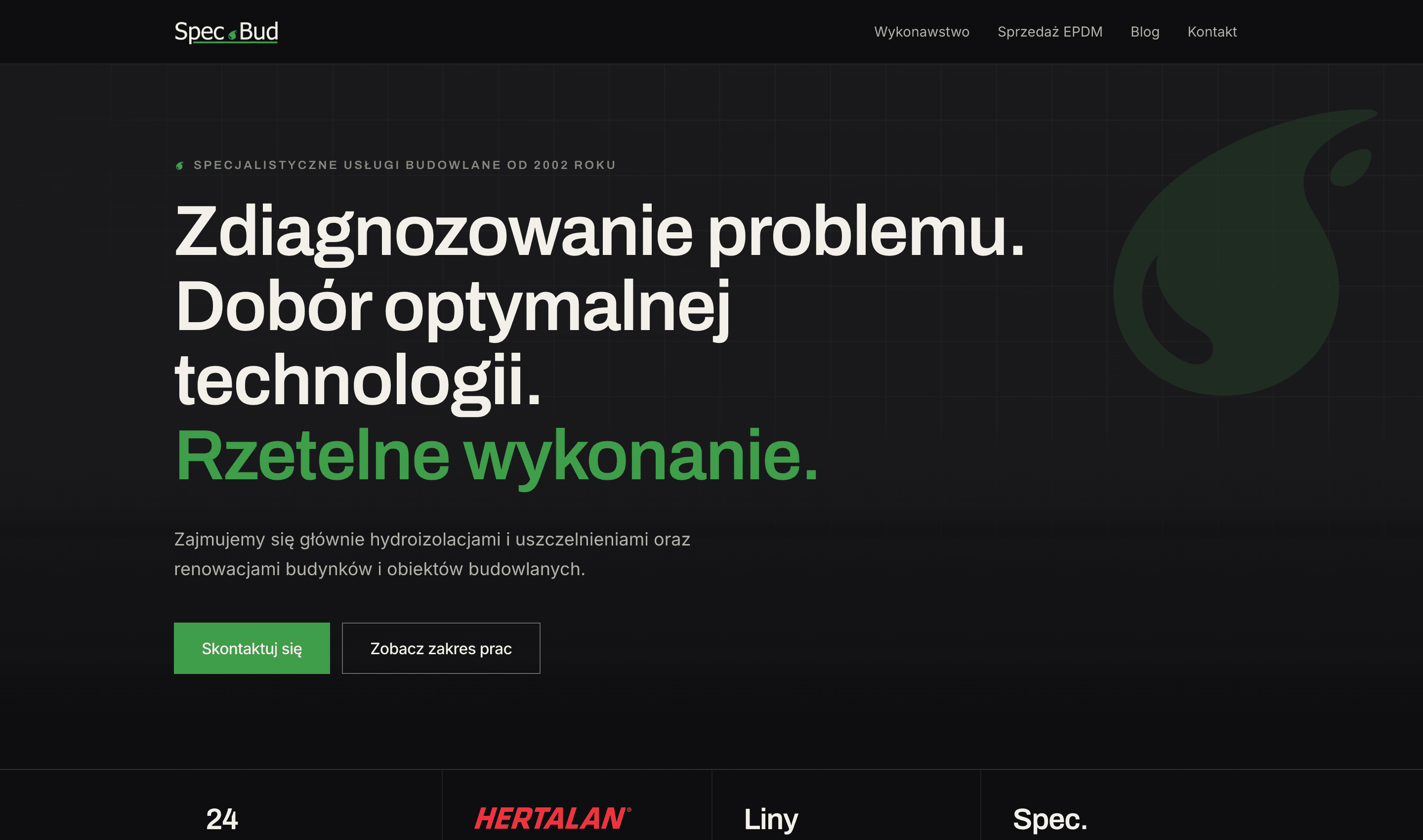 Strona główna Spec.Bud: ciemny układ z dużą typografią i zielonym akcentem