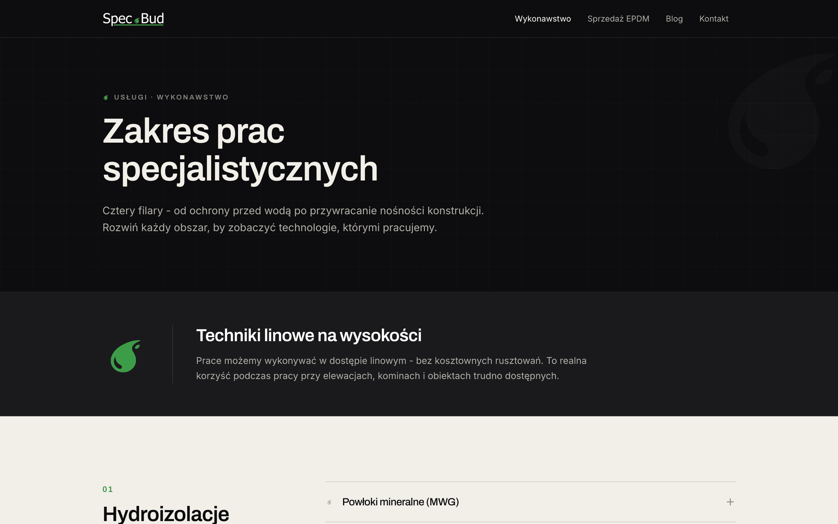 Podstrona zakresu prac Spec.Bud z rozwijanymi sekcjami technologii